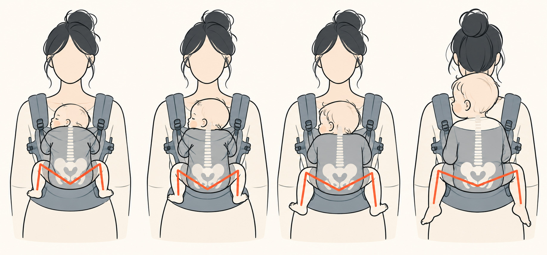 Cuatro ilustraciones de porteo ergonómico Ergobaby mostrando el soporte de muslos y la posición natural de las caderas y rodillas