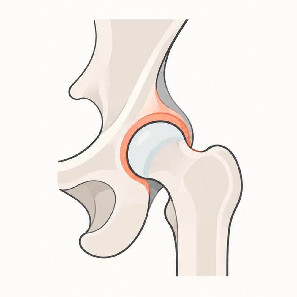 Ilustración esquemática de una cadera con cabeza femoral ubicada en el acetábulo