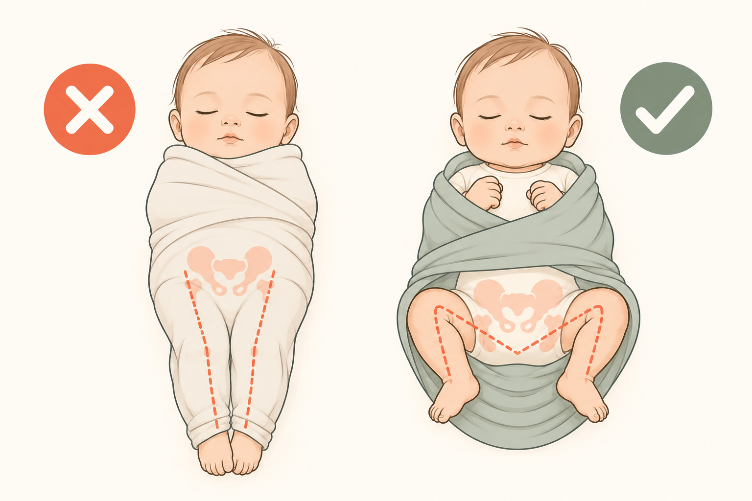 Comparación entre envolver al bebé con piernas restringidas y permitir que sus caderas y rodillas se flexionen libremente